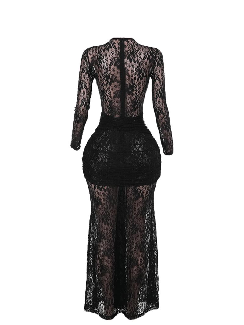 Styles by Faith Howard Women's Ruched Sheer Floral Lace Bodycon Dress, Elegant Long Sleeve Round Neck Maxi Dress for Party Holiday Wedding Guest, Ladies Fall & Winter Clothes