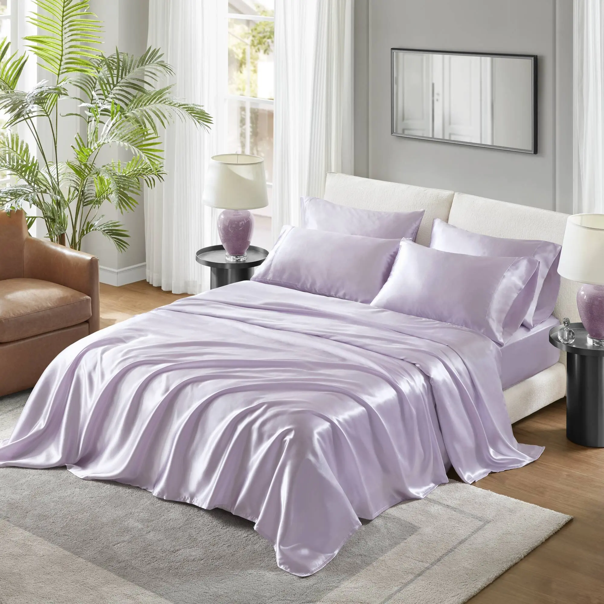 Nokaa Luxury Full Sheet Set - Wrinkle-Free Polyester Bed Sheets with Deep Pocket Fitted Sheet, Flat Sheet, 4 Pillowcases - OEKO-TEX Certified, Smooth Texture, Gentle on Skin & Hair - Lilac, Full Size, Home Bedding