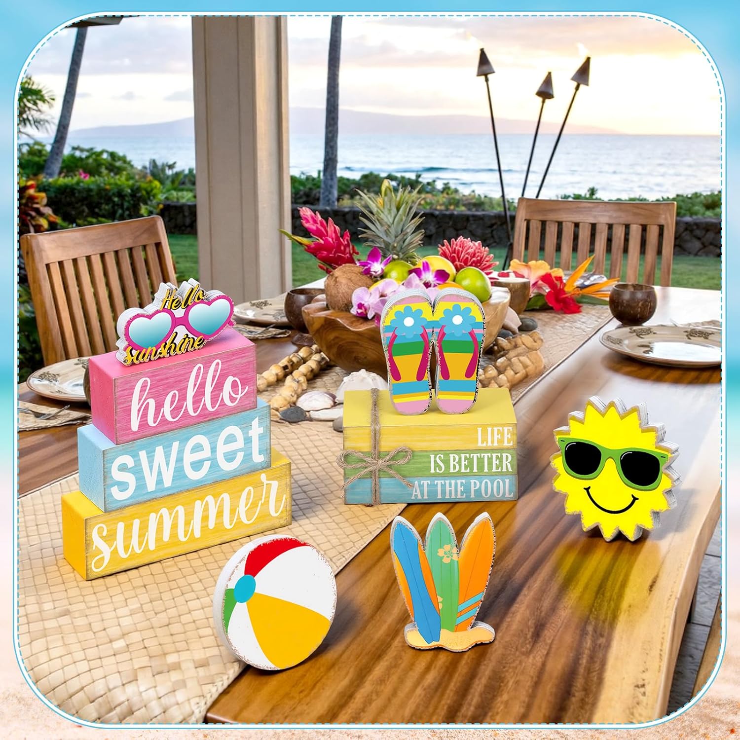 11 Pcs Summer Hawaiian Table Decorations Set Summer Tiered Tray Decor Flip Flops Centerpiece Faux Book Stack Block for Table Home Office Decorations