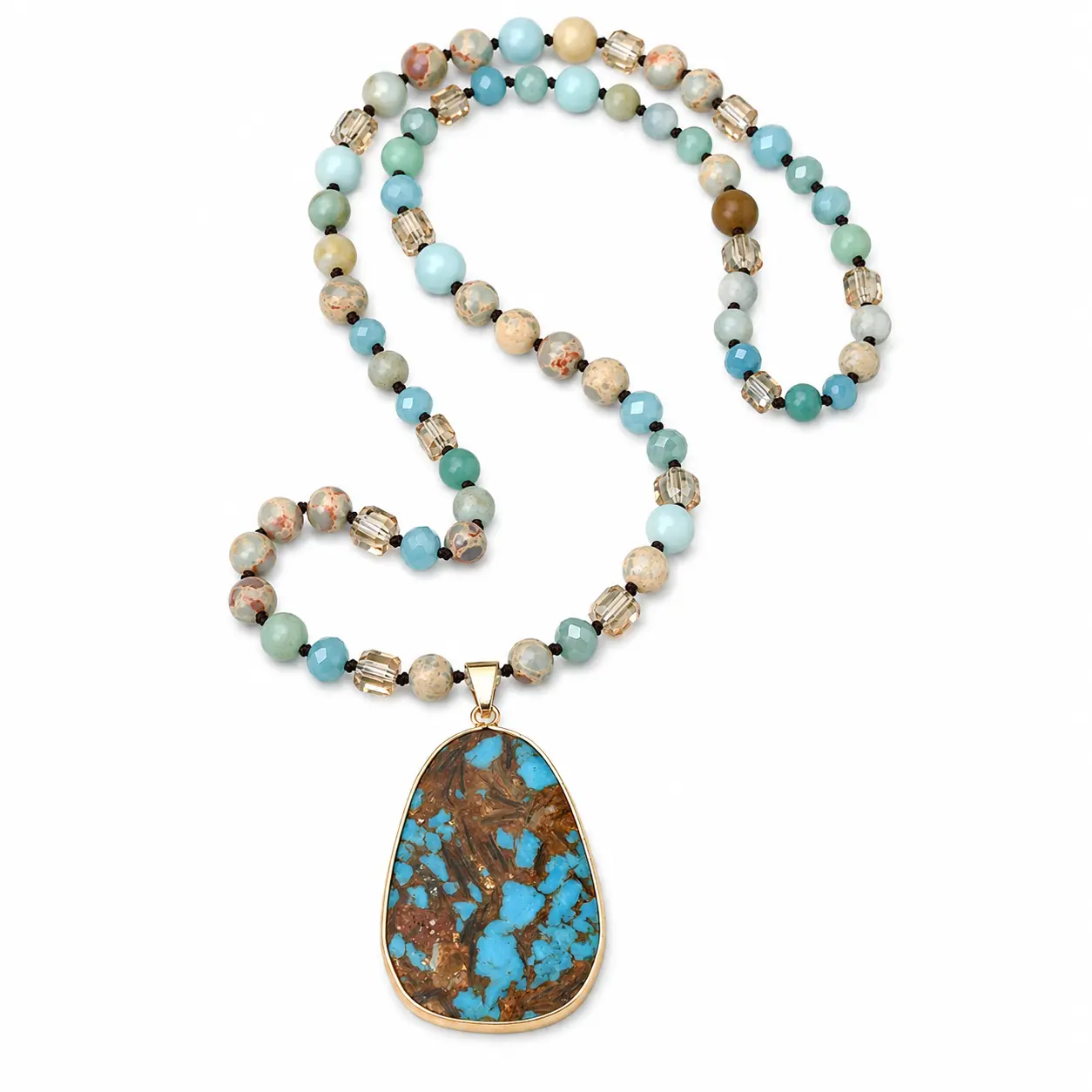 Long Natural Stone Beaded Pendant Necklace for Women, Turquoise Matrix Statement Pendant with Amazonite, Imperial Jasper and Crystal Accents, Hand-Knotted Boho Jewelry, 31.9–33.5 Inch
