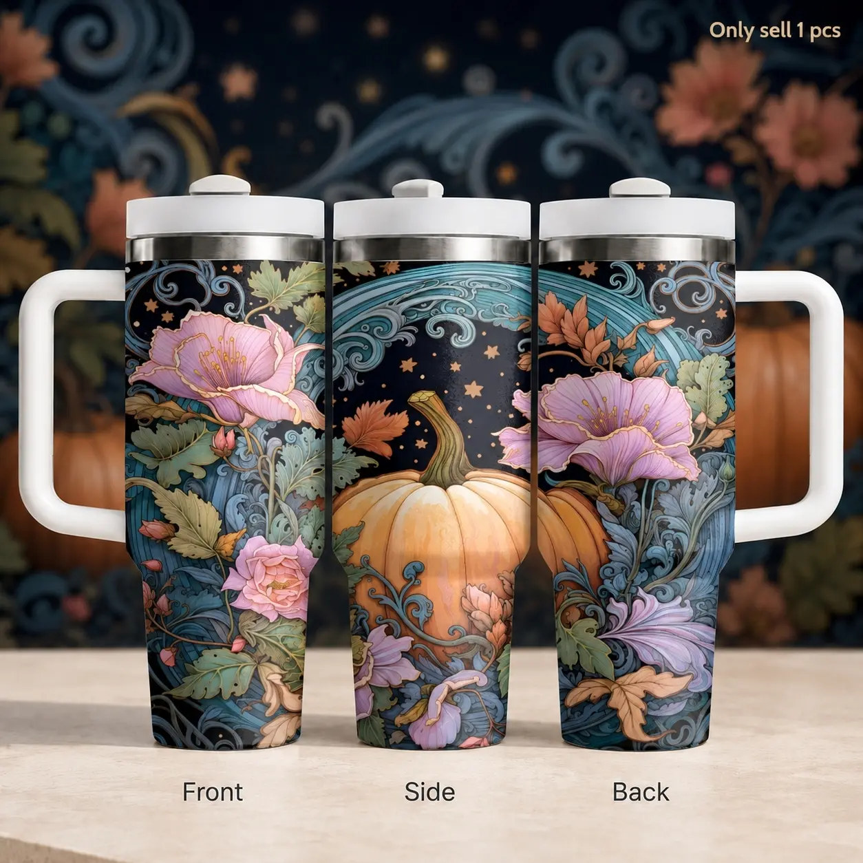 Mystical Autumn Pumpkin Floral 40oz Tumbler for Women, Enchanted Fall Insulated Cup with Handle and Straw, Leakproof Stainless Steel Drinkware for Halloween, Thanksgiving, Coffee, Office and Seasonal Gifts