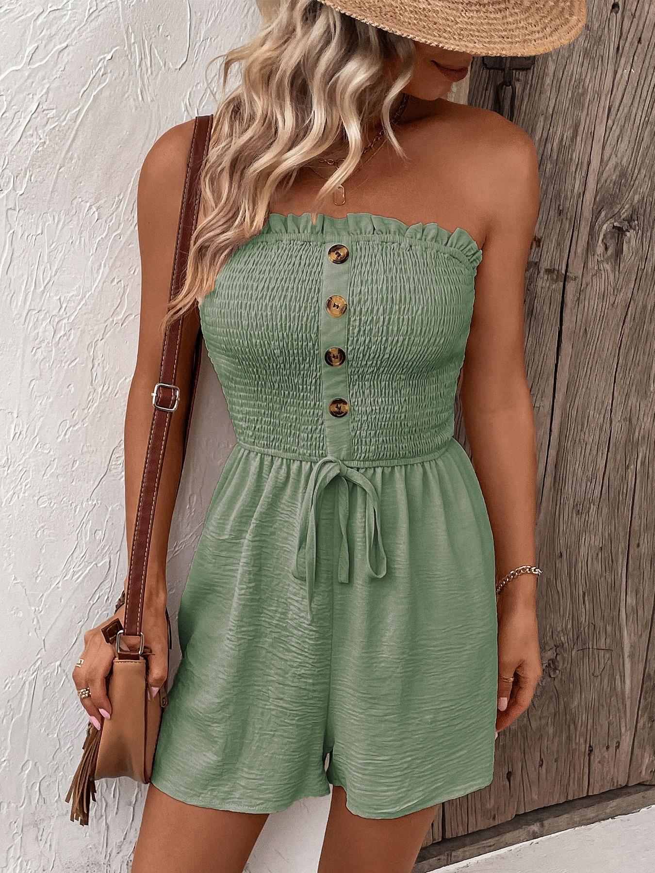 2026 Women'S Plain Frill Trim Shirred Ruched Tie Front Bandeau Romper, Boho Sleeveless Strapless High Waist Jumpsuit For Summer, Summer Outfits 2026, Fashion Casual Women'S Clothing For Daily Wear, Casual Comfy Jumpsuit