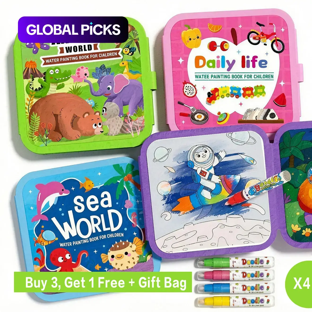4-Piece Reusable Magic Water Coloring Books for Toddlers, Mess-Free No-Ink Doodle Set, Creative Craft Kit, Travel Toy, Coloring Gift Book #GLOBAL PICKS