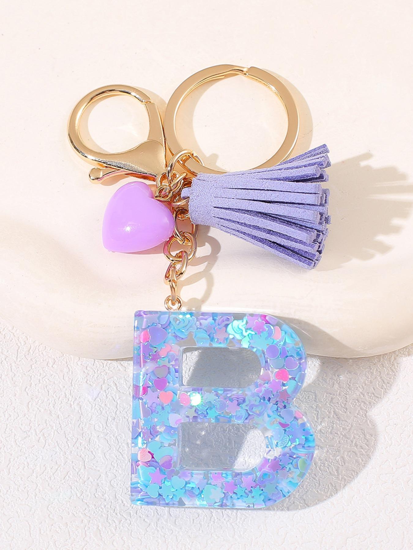Initials Letter, Cute Heart Tassel Decor Resin Charm with Key Ring, Trendy Cute Keychain, Fashion Accessories for Women & Girls, Unique Gift Idea for Friends and Family