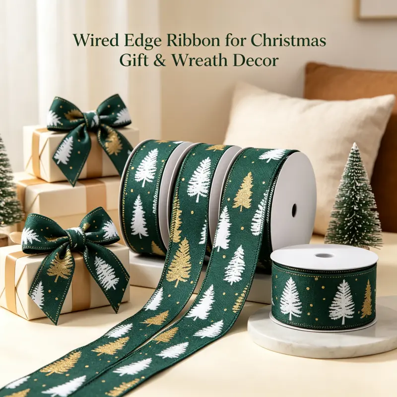 Farmhouse Christmas Wired Ribbon  2.5in 10Y Gold White Pine Tree Ribbon for Xmas Tree Wreath DIY