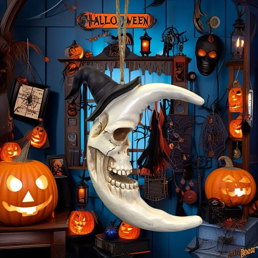 Resin Skull and Moon Hanging Ornament, Halloween Decor Party Decoration for Horror Parties, Haunted House, Tiktok Ghost Videos, Spooky Wall Art