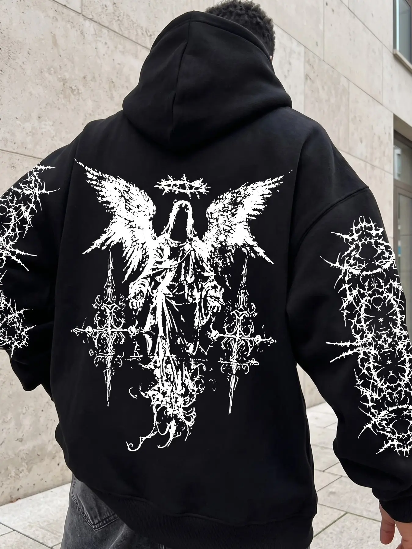Polyester Fleece Fabric Men Oversized Hooded Sweatshirt, Back Thorn Crown Angel Gothic Cross Double Sleeve Thorn Branch Print Pullover Hoodie, Menswear Clothing, Ropa De Hombre, Uomo Mens Clothing, Dark Punk Religious Y2K Streetwear Tops For Spring Autumn