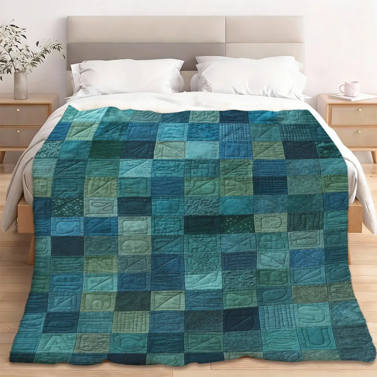 1pc 2D Turquoise Blue & Green Mosaic Patchwork Flannel Blanket - Soft Warm Lightweight Bedspread Suitable for Bed, Sofa, Car, Camping, Office - Modern Bedding with Turquoise/Green, 250-300g/m² 100% Polyester Suitable for Beds, Sofas, Cars
