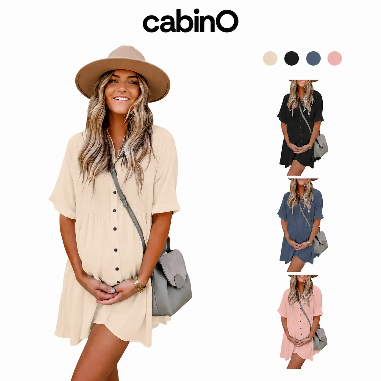 Cabino Women’s Collared Button-Front Mini Shirt Dress, V-Neck Short-Sleeve Loose Tiered Babydoll Summer Dress for Casual Daily Wear, Beach Vacation, Shortsleeve