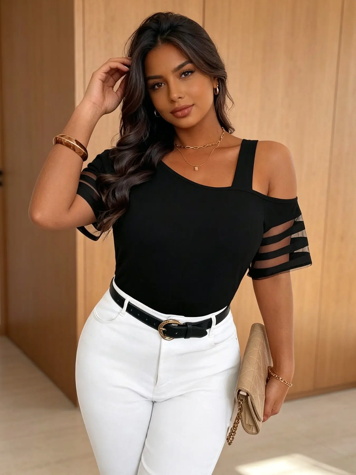 Women's Asymmetric Neck Mesh Top, Asymmetrical Elegant Contrast Design, Comfortable Fit, Suitable for Casual and Party, Petite Friendly