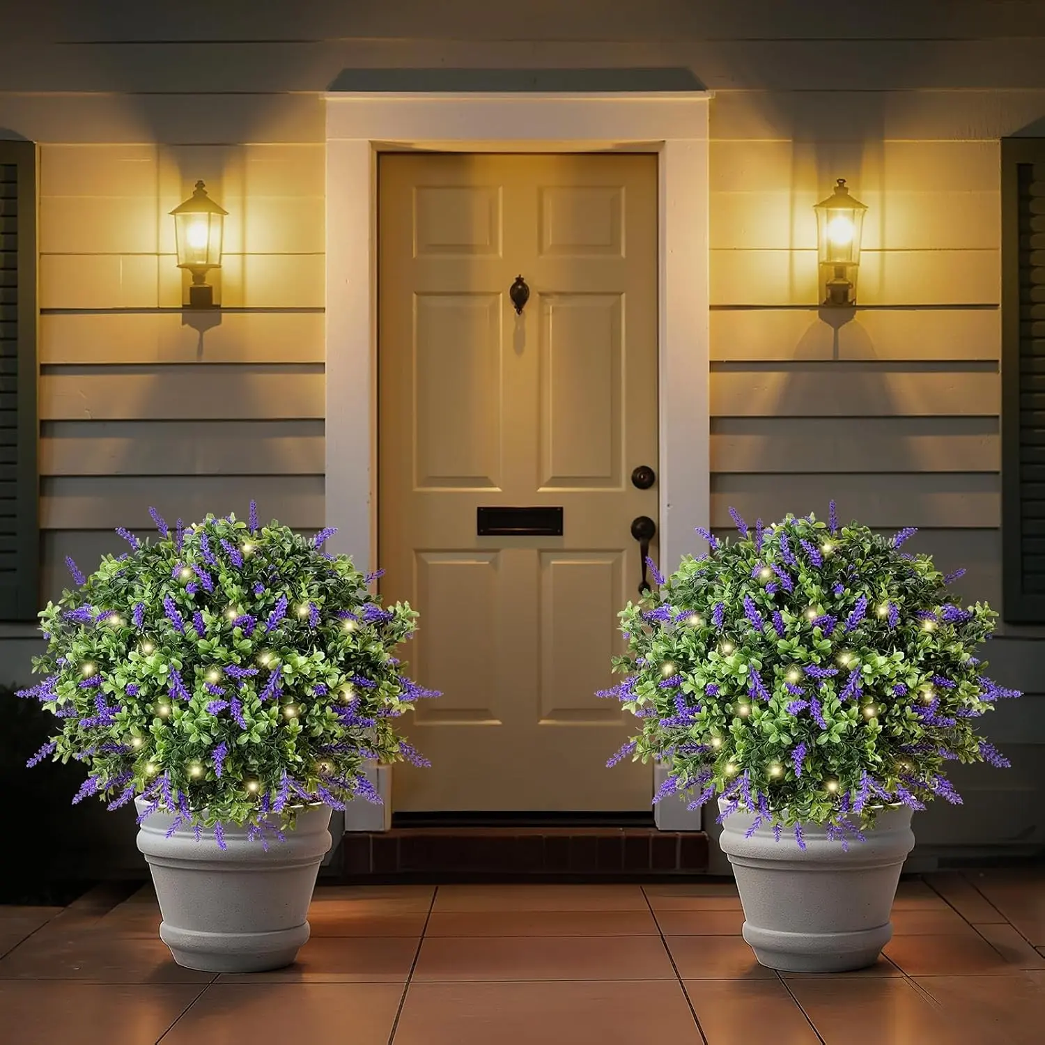 Artificial Lavender Boxwood Topiary Ball with LED Lights, 23.6'' Artificial Shrub Bushes with Ground Spike, UV Resistant Faux Greenery Shrubs, Fake Plants for Indoor Outdoor Garden Patio Decor
