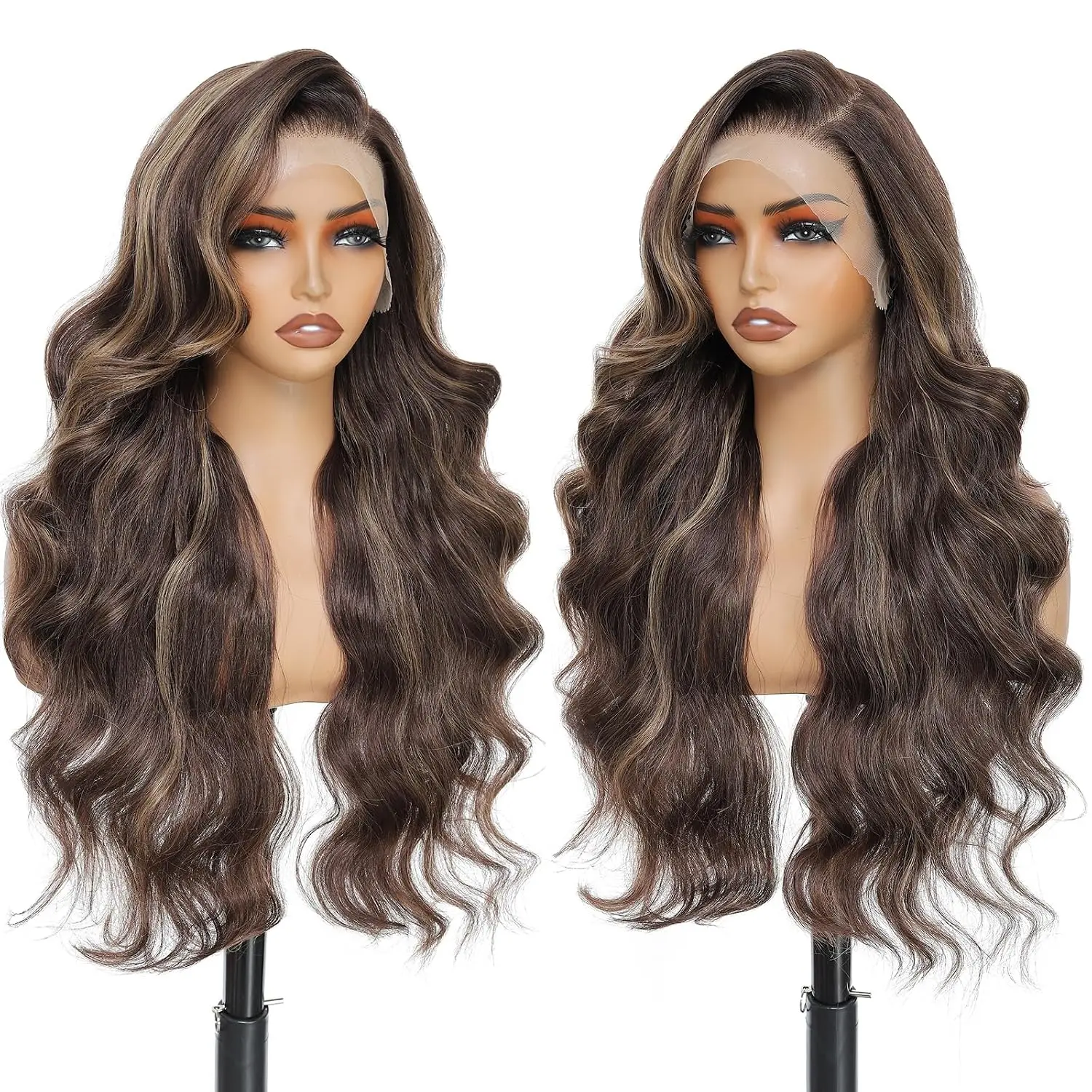 26" Glueless Blonde Peekaboo Highlight Wave Wig, 13x6 Pre-Plucked Lace Frontal, Adjustable Strap, HT4/27 Color, Heat-Stylable Synthetic Fiber (26 inch wig, wave pattern, glueless strap, heat-styled fiber included)