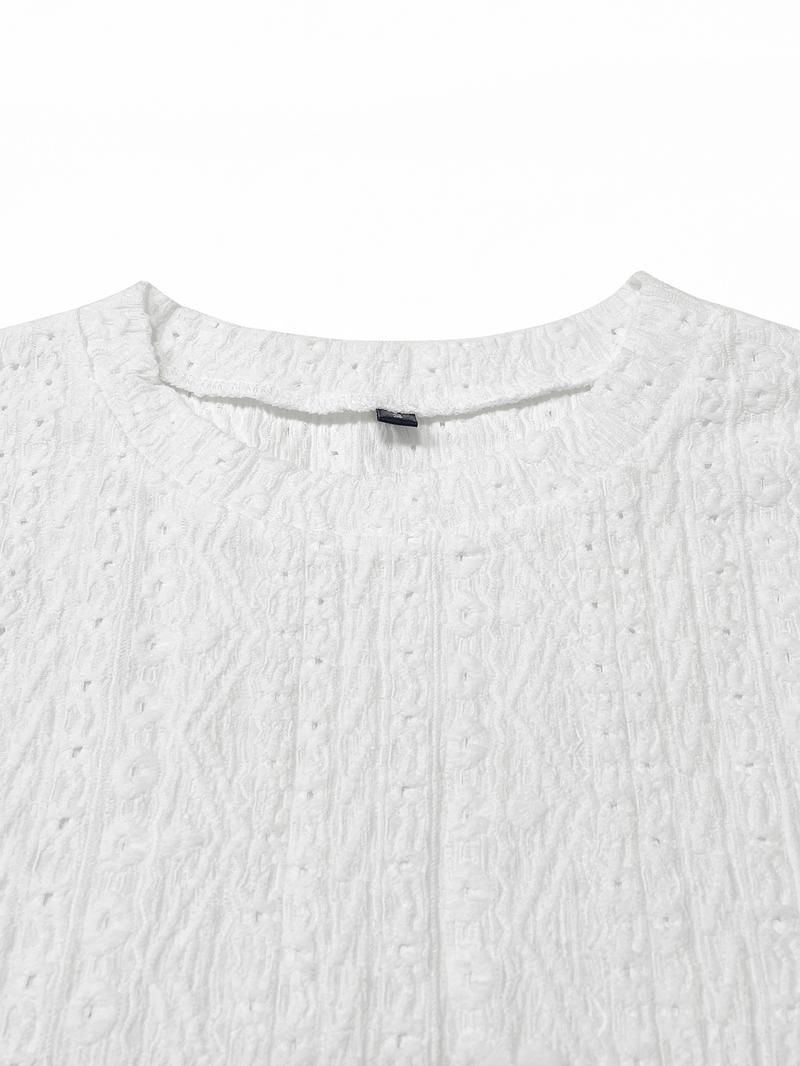 Women's Plain Eyelet Embroidery Hollow Out Tee, Casual Scallop Trim Short Sleeve Round Neck T-shirt for Summer, Ladies Clothes for Daily Wear