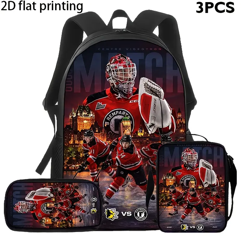 QMJHL Quebec Remparts Ice Hockey 3-Piece Boy Backpack Set Bundle - Water-Resistant 600D Oxford Fabric, City Night Scene Print, School Kit with Lunch Bag, Pencil Case, Zipper Closure for Sports Fans Daily Use, Hockey Game, 3-In-1 Matching School Bundle, Ba