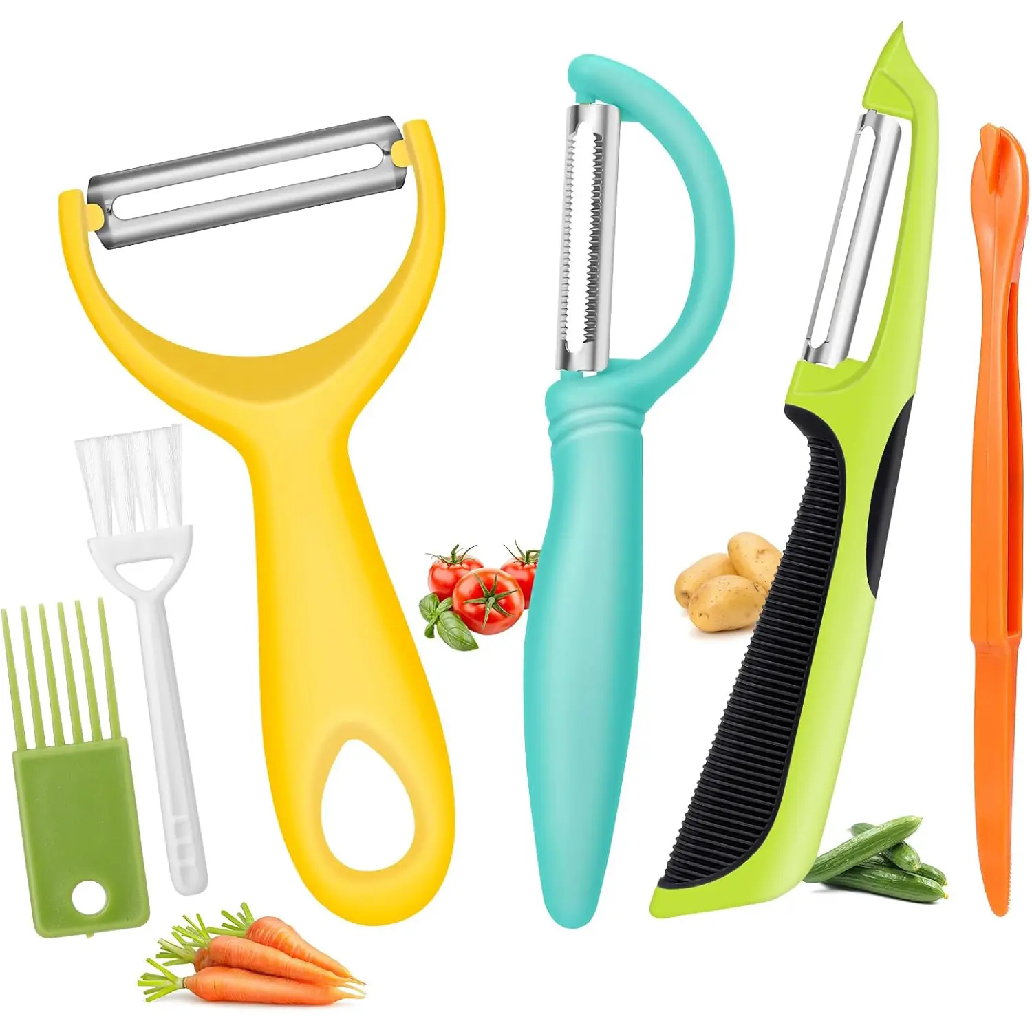 6 Pcs Vegetable Peeler Set, Ultra Sharp Stainless Steel Fruit & Potato Peelers with Non-slip Ergonomic Handle, Multi-functional Y Serrated Straight Peelers with Onion Cutter & Cleaning Brush for Kitchen