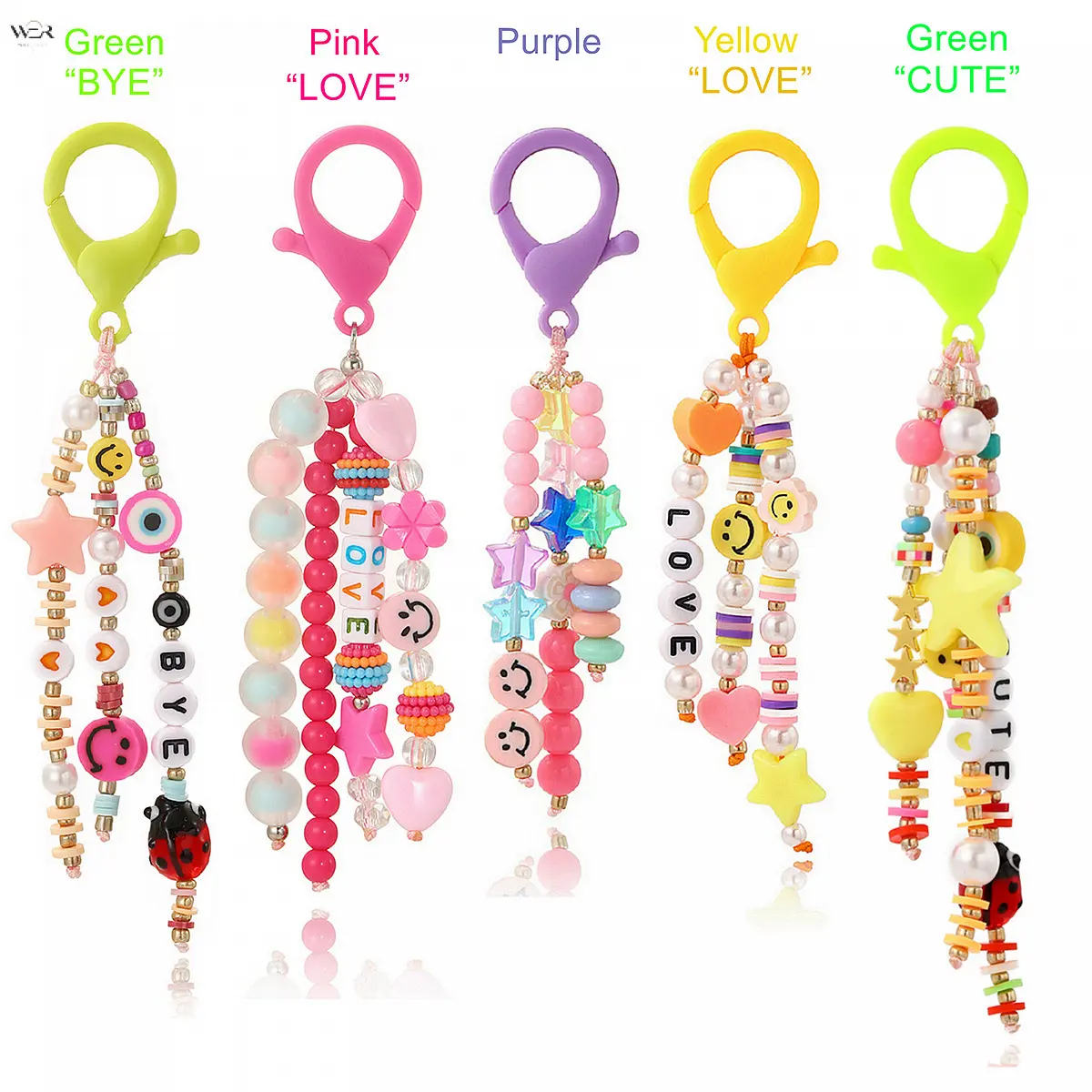 Cute Y2K Pastel Acrylic Letter Smile Heart Star Beaded Keychain, Multi-Color Plastic Lobster Clasp Bag Purse Decorative Pendant, Sweet Kawaii Small Holiday Birthday Gift for Teen Girls Young Women