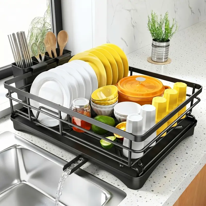 1pc  Large metal drain rack with drain pan, rust proof kitchen storage rack, saving countertop space for utensil storage, black dish rack