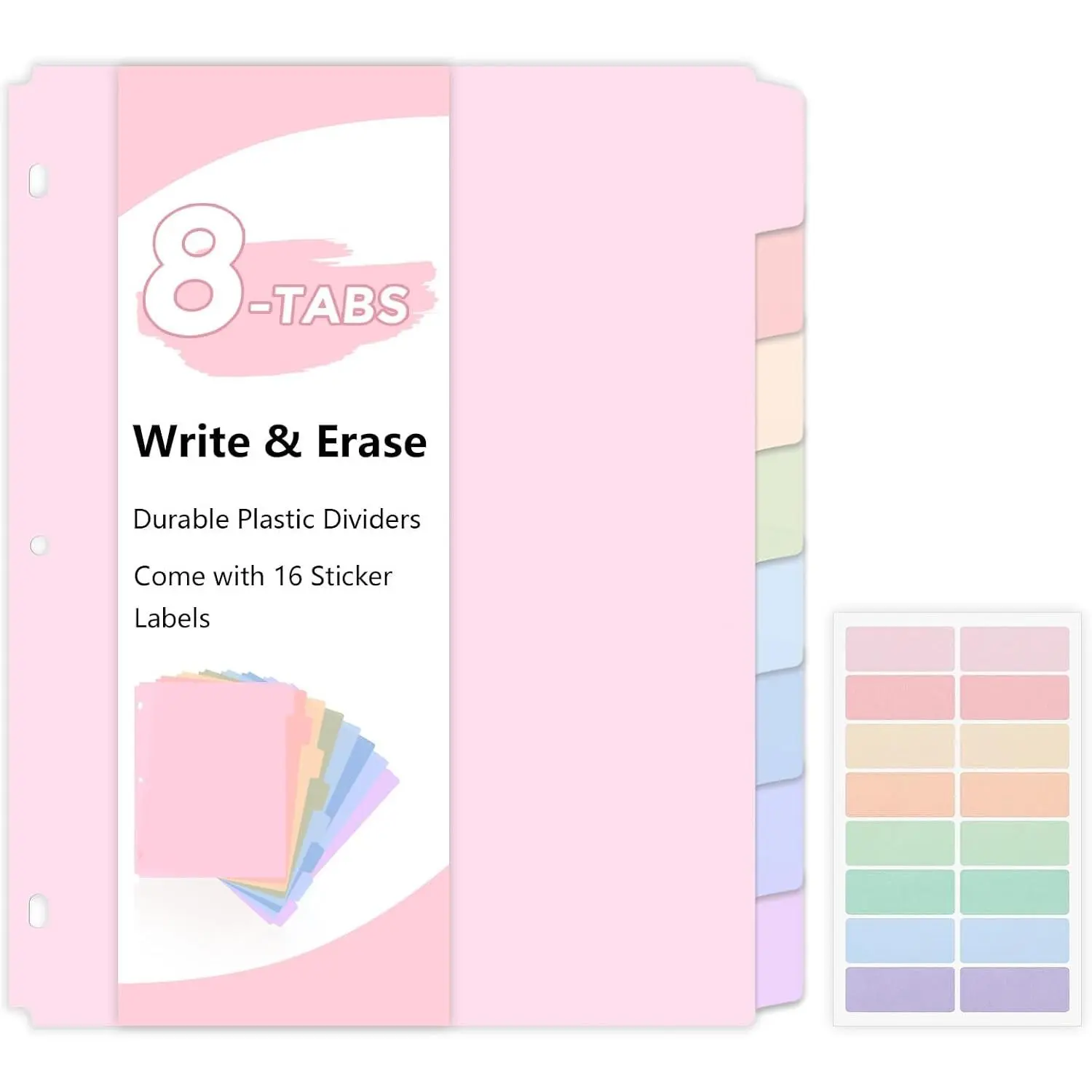8 Tab Write & Erase Durable Plastic Dividers for 3 Ring Binders | Binder Dividers for Letter Size, Aesthetic Pastels Binder Divider Organizers for Student, Teacher, Office, 1 Set