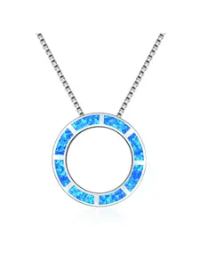 Blue Fire Opal Silver Color Round Pendant Necklace,Minimalist Dainty Jewelry for Women,New in Hypoallergenic Daily Gift for Her