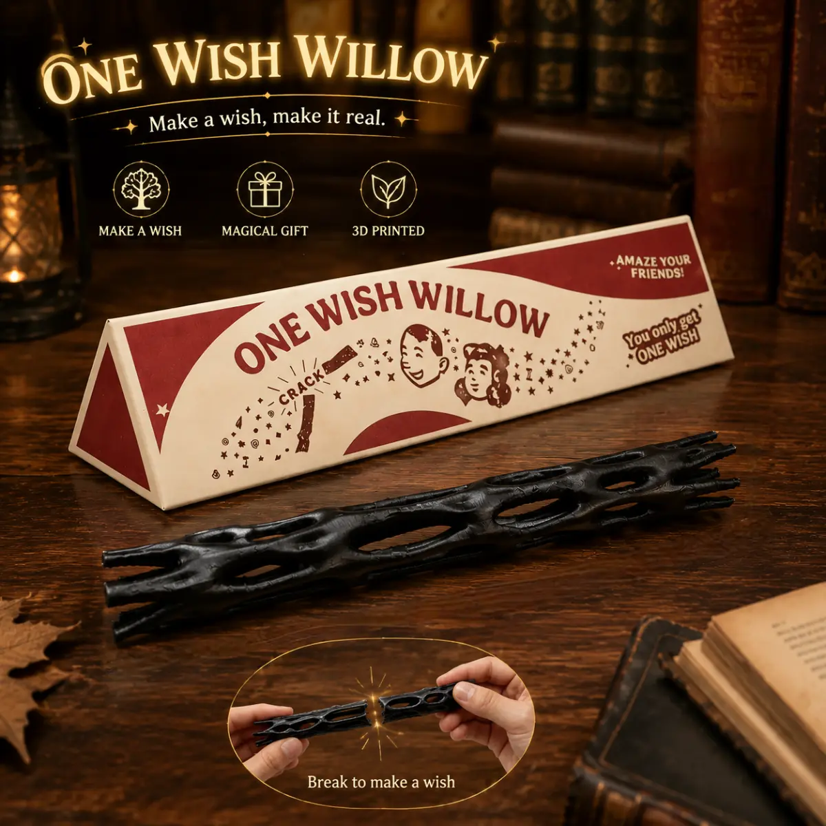 One Wish Willow Stick with Triangle Box - Breakable Wish Ritual Stick, Halloween Aesthetic Quirky Fantasy Gift for Adults, 3D Printed Collectible Party Prop