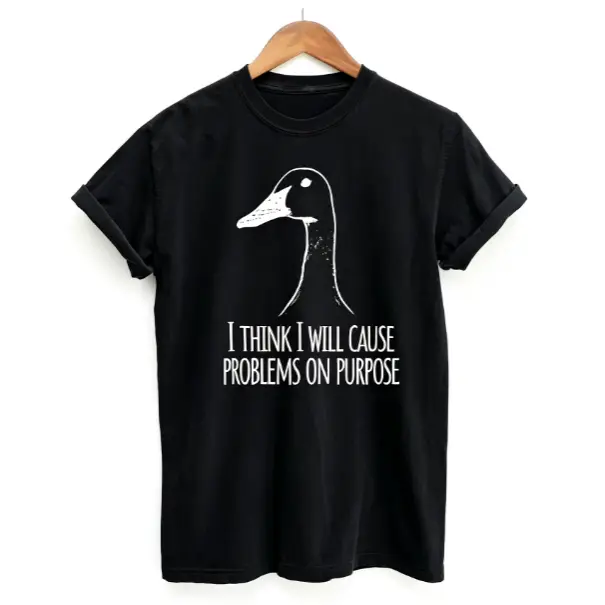 I Think I Will Cause Problems On Purpose Minimal White Goose Silhouette Light Sarcasm Graphic Short Sleeve T-Shirt, Unisex Summer Vacation Back To School Chaos Humor Casual Tops, 100% Pure Cotton Printed Craft Summervibes Tee, Soft Breathable Relaxed Fit