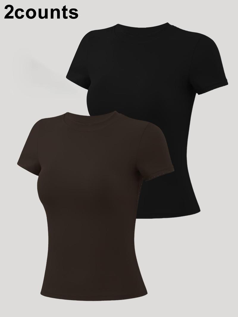 5 Counts Women's Patchwork High Elastic Soft and Comfortable Round Neck Flat Shoulder Short Sleeve Yoga Clothes Four Seasons Outdoor Running Cycling Mountain Walking Shopping Home Fashion T-shirt  Gym sports training versatile short sleeve