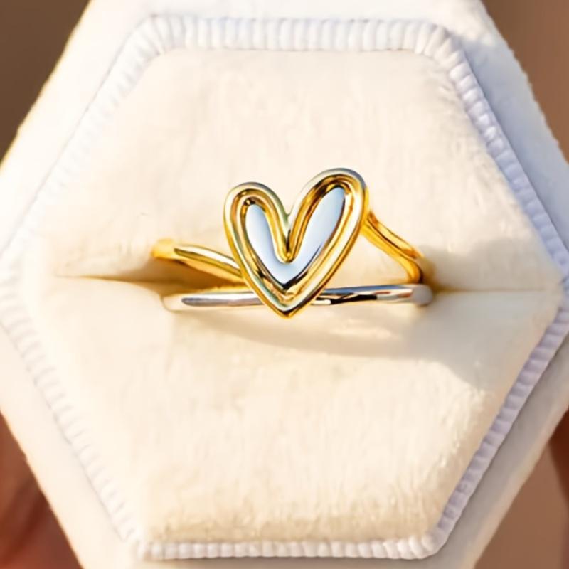 Minimalist Asymmetric Two-Tone Heart Ring for Women, Creative Stylish Casual Daily Accessory, Perfect Valentine's Day Gift