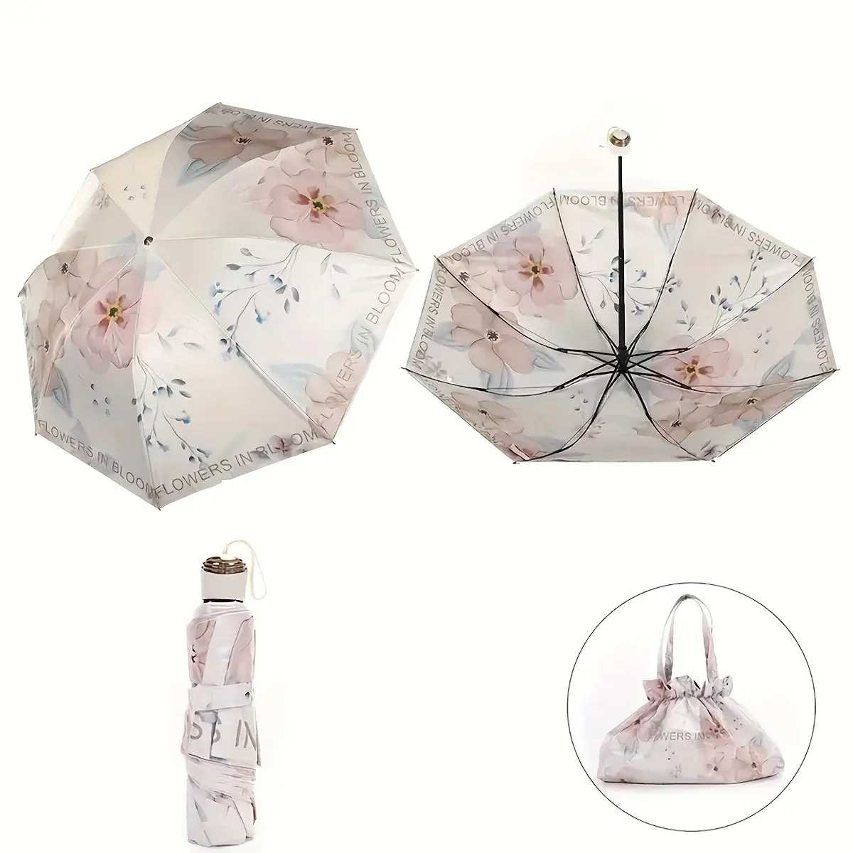 Three-Fold Floral Sun Umbrella, Double-Sided Printing, Reinforced Steel Frame, UV Protection, Compact Folding Design, Durable Vinyl Fabric