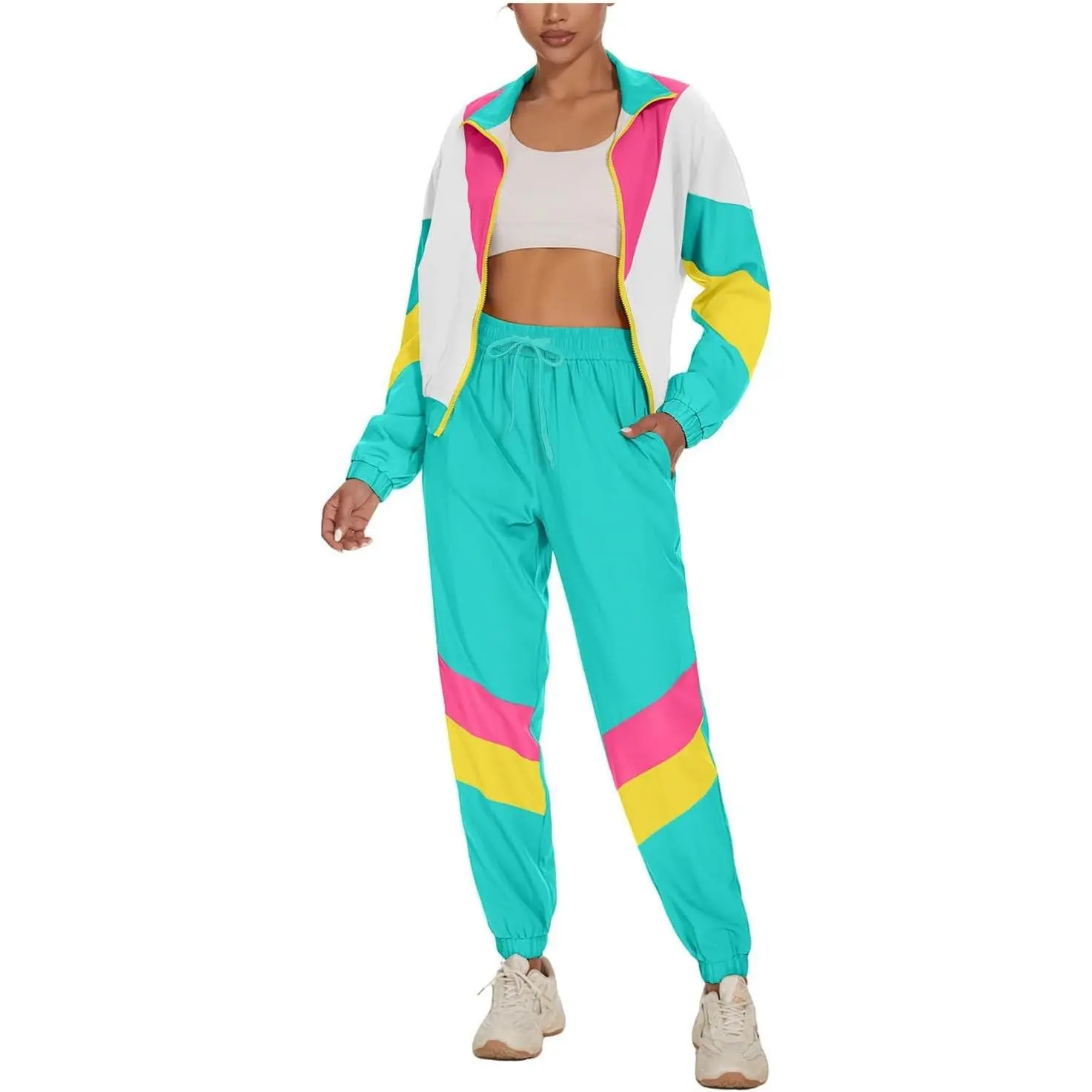 Women's Color Block 2 Piece 80s 90s Outfits Long Sleeve Windbreaker Jacket Tracksuit Set
