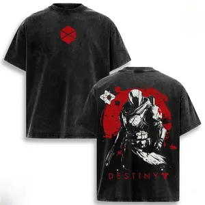 Grunge Retro Washed Cotton Graphic Tee Oversized Baggy Fit Destiny Hunter Ghost Red Hexagon Double Side Print Soft Cotton Short Sleeve Shirt For Skate Sci Fi Game Festival Casual Daily Travel Outfit