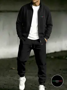 Men's Italian Theme Sport Set, Stand Collar Zipper Jacket + Matching Drawstring Pants, Loose Fit, Long Sleeve, Fall & Winter