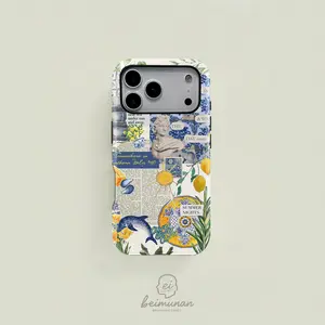 This retro-style blue and white lemon seashell patchwork case is a durable 2-in-1 protective case, compatible with MagSafe, and suitable for iPhone 17/16/15/14/13/12/11 Pro Max/Plus/Pro. A simple and stylish phone case, it makes a perfect birthday gift.