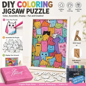 Cat-Themed Coloring Puzzle Set with 48 Double-Ended Glitter Markers, Frame, and Gift Box - Beginner-Friendly and Exquisite Artwork for Stress Relief, Relaxation & Mindfulness - Perfect Gift for Teens, Adults & Elders | Vivid Designs for Leisure Decoration