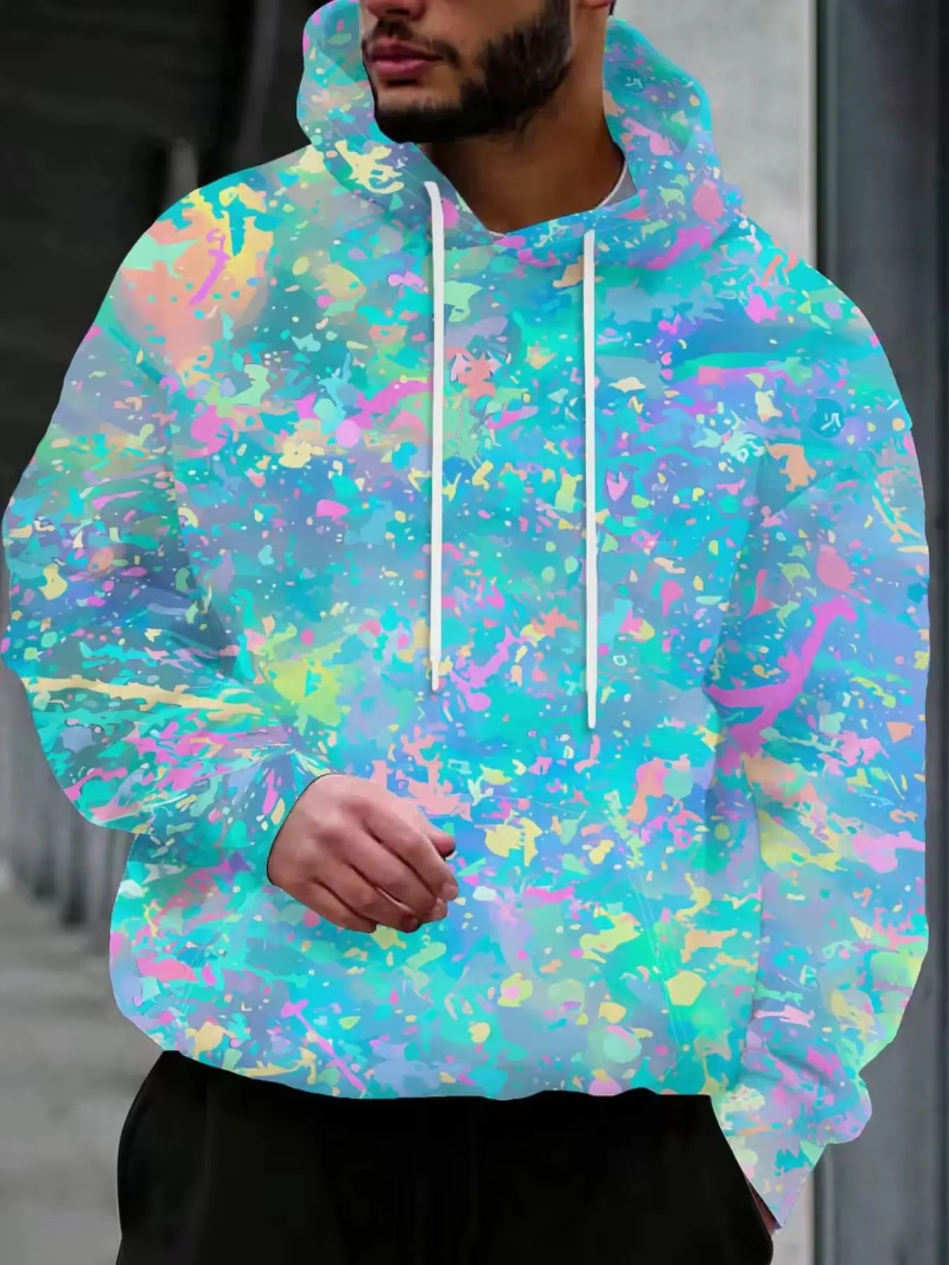 Men's Macaron Splatter Print Hoodie, Abstract Multicolor Watercolor Dots Casual Sweatshirt, Loose-Fit All Seasons Hooded Pullover