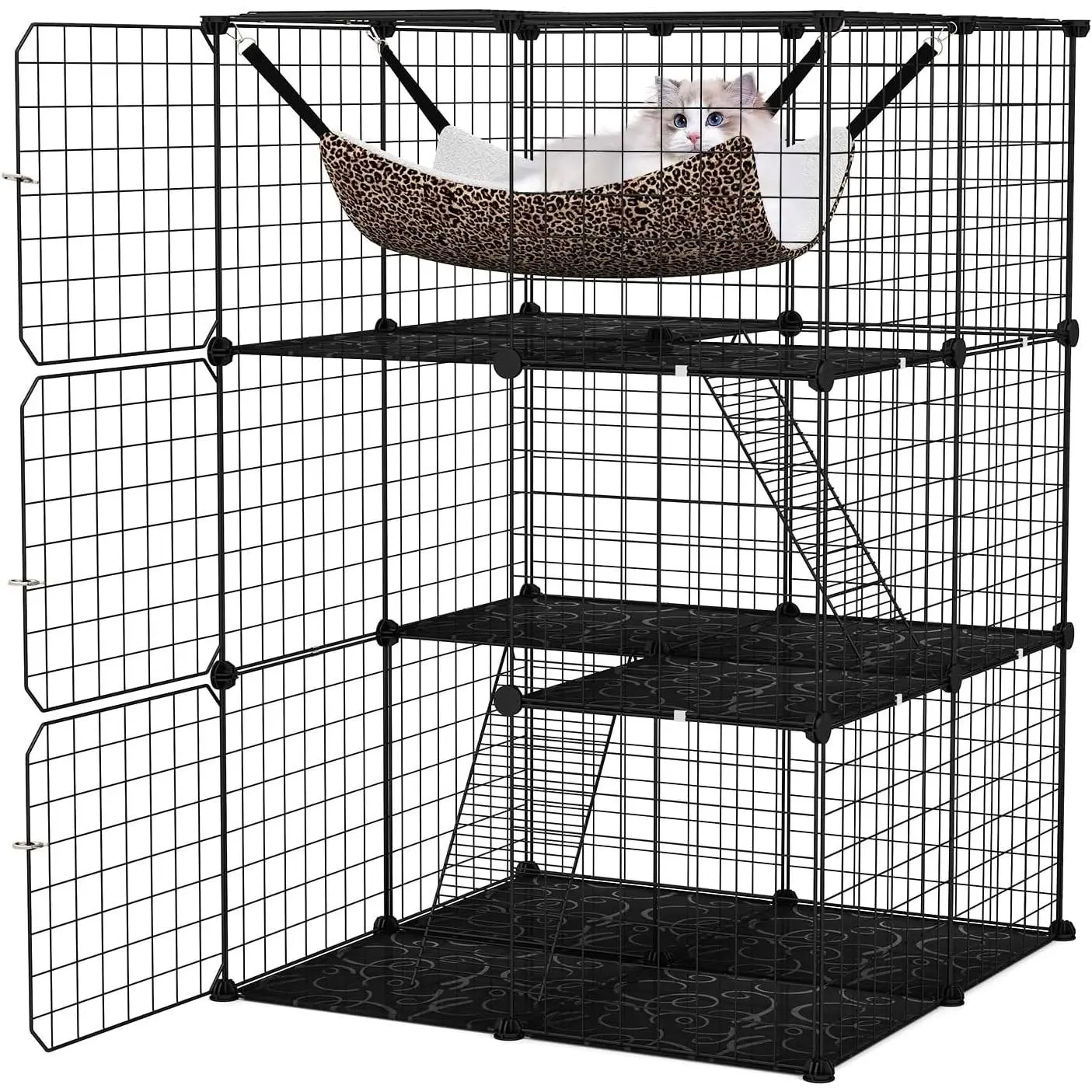 3-Tier Cat Cages Indoor, Metal Wire Cat Enclosure with Extra Large Hammock, 2 Ladders, and 4 Lockable Doors, Detachable Indoor Cat Catio Kennel for 1-3 Cats Kitten, Anti-toppling Kits Included