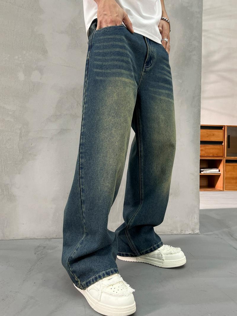 Men's Vintage Wide  Leg Jeans, Loose Casual Comfy Denim Pants for Daily Wear, Woven Bottoms for All Seasons, Denim Streetwear