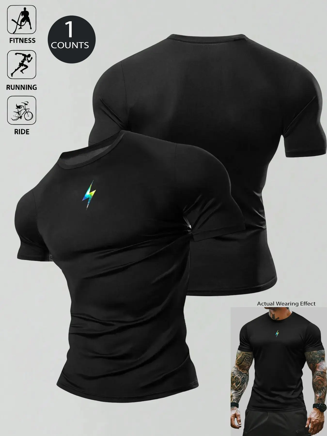 Men's All-Black Compression Gym T-Shirt with Gradient Lightning Print, Muscle-Fit Quick-Dry Moisture-Wicking Athletic Tee, 4-Way Stretch Breathable Workout Top, Ideal for Gym, Running, Cycling & Urban Street Style