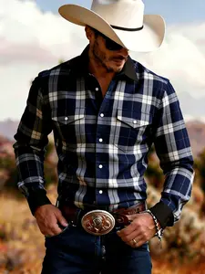 Men's Fashion Digital Print Button Long Sleeve Shirt, Blue Checkered Pattern, Geometric Texture, Casual Slim Fit, Perfect Gift
