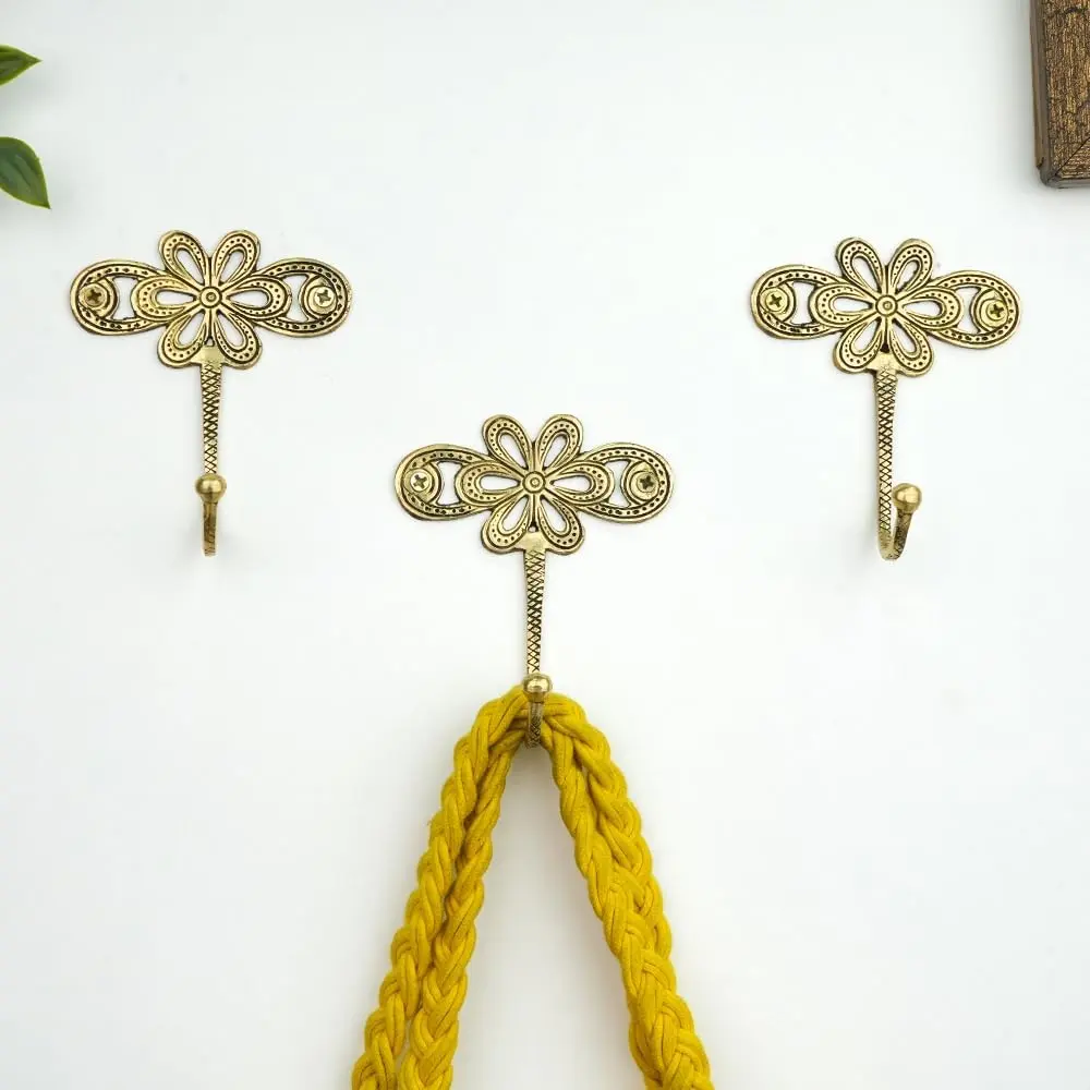 Set of 3 Brass Floral Wall Hooks for , Coats and Bags