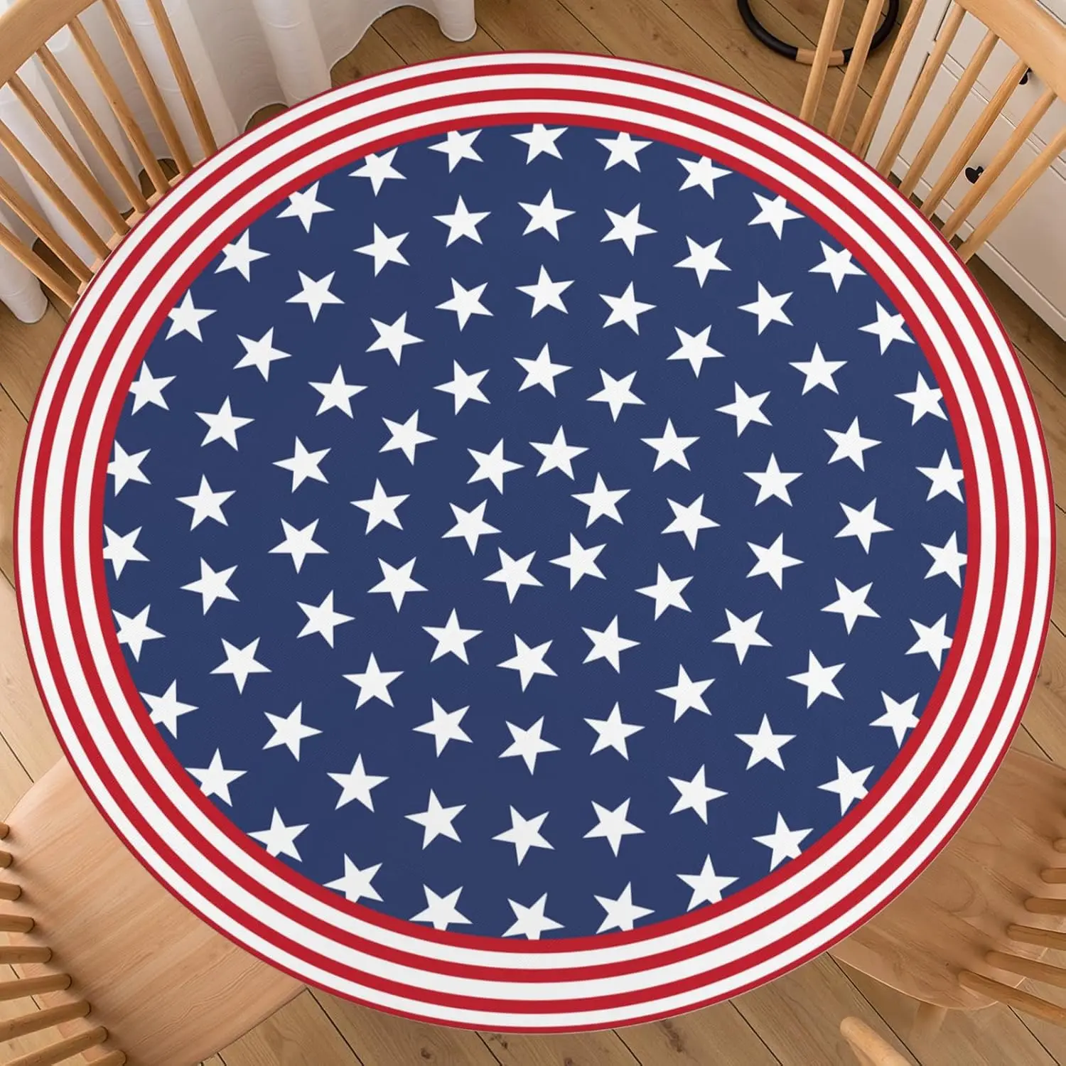 4th of July Round Fitted Tablecloth with Elastic Independence Memorial Day Patriotic Table Cloth Decorative Washable Red White Blue Star Stripe Table Cover Picnic Party Family Home for 40"-44" Table