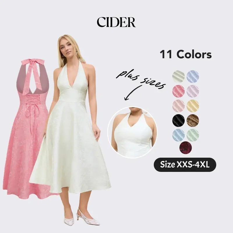 Cider Elegant Vacation Halter Neckline Dress for Wedding Guest, Sexy Floral Maxi Dresses, Ladies Jacquard Sundress, Party Gowns, Lady Sun Dress