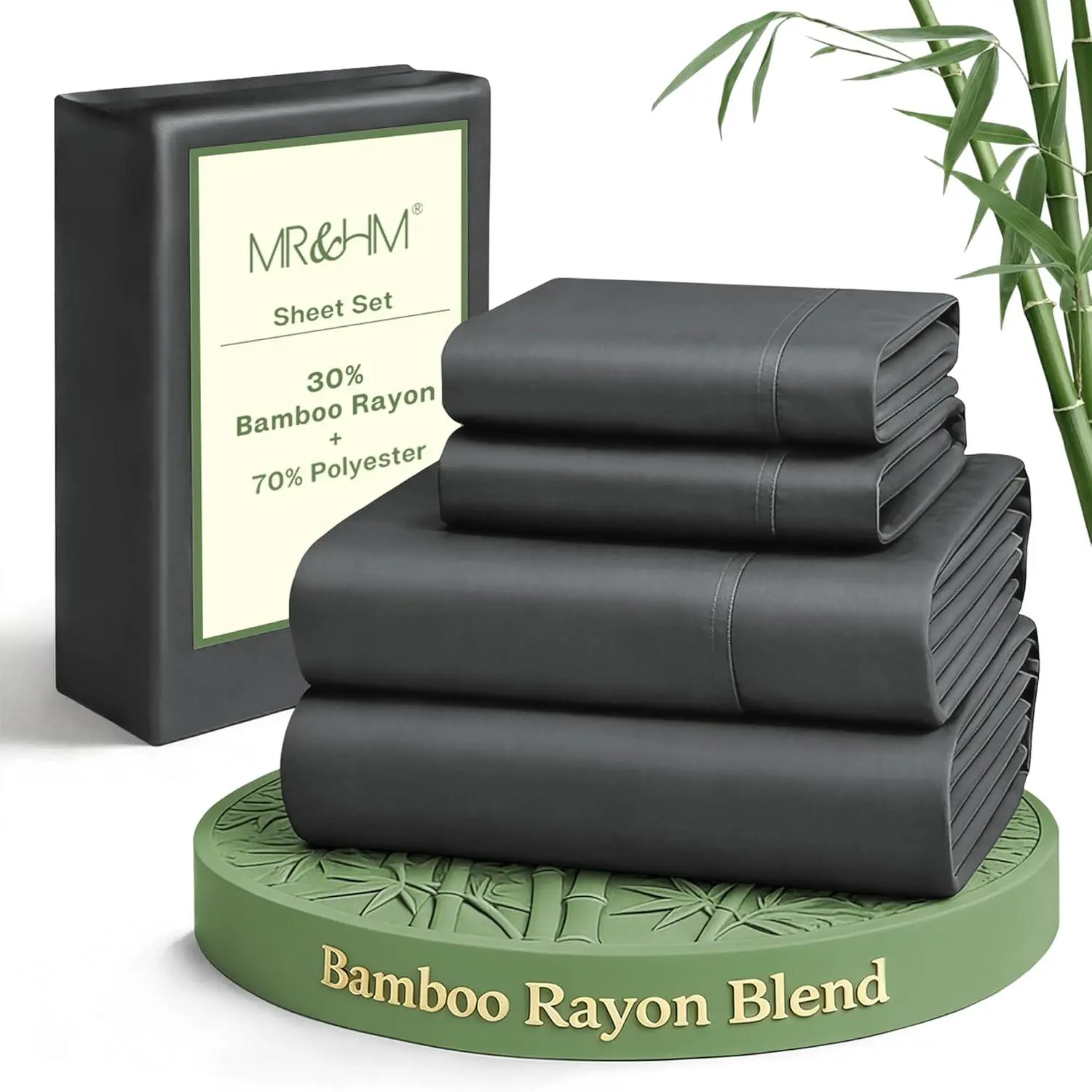 Queen Sheet Set, 4-Piece Cooling Sheets, Rayon Derived from Bamboo & Polyester Blend, Soft & Silky, 15" Deep Pockets with Elastic Straps, Hotel Luxury for Hot Sleepers, Dark Grey