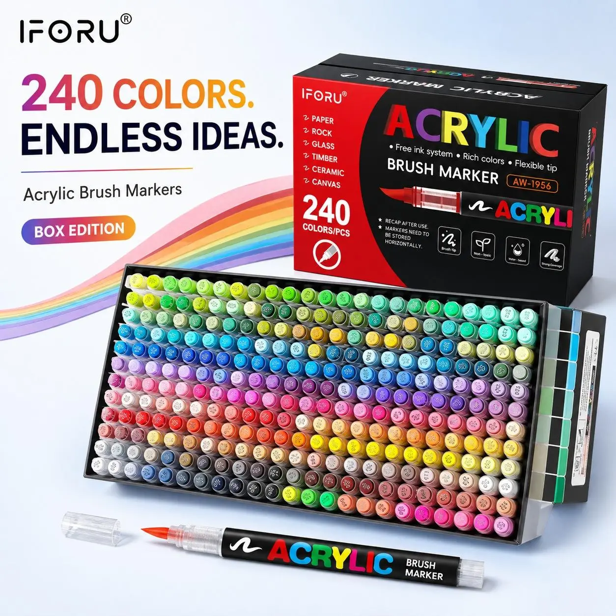 IFORU 240-Color Acrylic Paint Markers Box Edition, Flexible Brush Tip Set for Brush Painting, Paper/Wood DIY Art Projects (Office Stationery Writing Tool)
