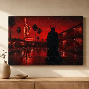 "Neon Devil" Retro Vegas Canvas Wall Art, Dramatic Red Neon Night Print, Dark Aesthetic Gothic Vibe, Living Room Bedroom Game Room Decor, Urban Noir Poster Gift,wall decor,poster.