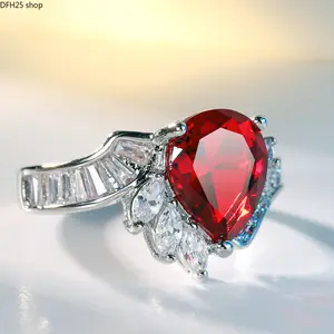Red Gem Open Ring for Women Daily Wear, Adjustable Alloy Statement Ring with Sparkling Crystal Design for Casual Outfits, Parties and Elegant Fashion Styling