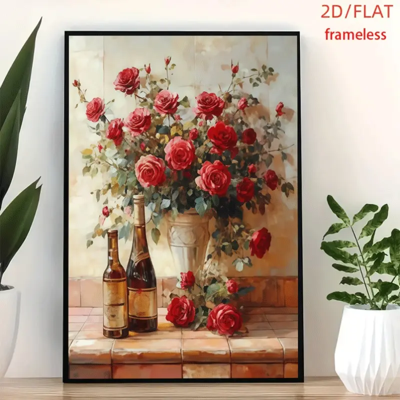 frameless Oil Rose Wine Decal Art Decor Print Poster, Wall Art for Living Room, Bedroom, Office, Dining Room & Bar, Perfect Gift & Home Decor, 12in x 16in