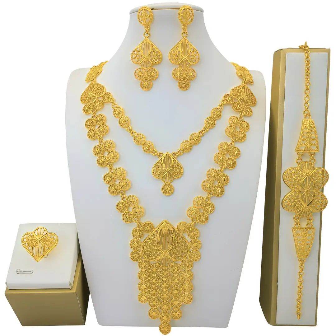 18K Gold Plated Double Layer Hollow Filigree Heart Tassel Jewelry Set, Tiered Openwork Heart Pendant Necklace, Long Heart Drop Earrings, Matching Tassel Bracelet & Adjustable Heart Ring 4Pcs Luxury Ethnic Bridal Wedding Statement Gold Jewel