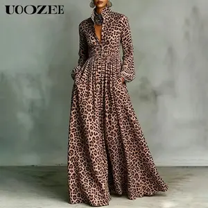 UOOZEE Women Lapel Collar Long Sleeve Leopard Print Maxi Dress, 100% Polyester Pleated Waist Button Front A Line Flowy Long Gown With Side Pockets, Loose Fit Casual Going Out Vacation Spring Summer Ladies Animal Print Shirt Dress