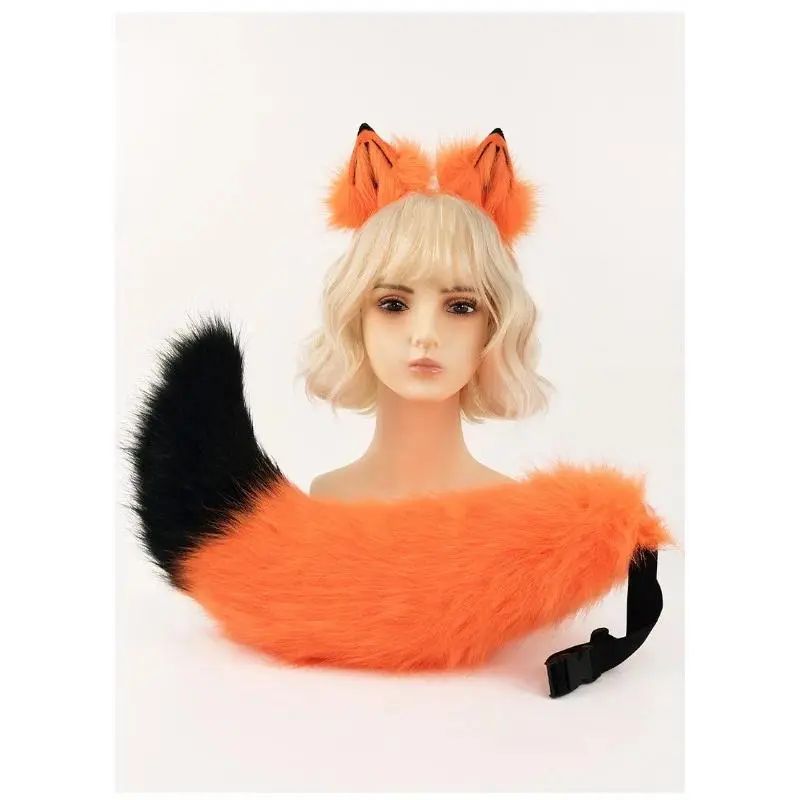 Wolf Ears and Tail Set Furry Foxes Ear Headband with Wolf Foxes Tail Halloween Animal Cosplay Costumes Adult Teen Kids