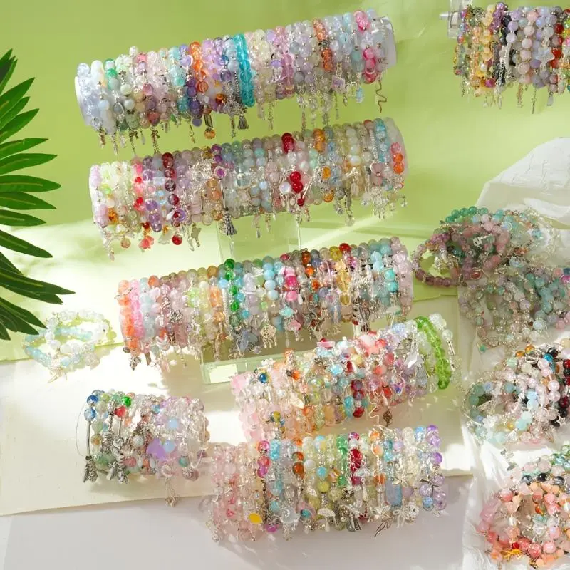 Fashion Glass Elastic Bracelet Set - 17/33Pcs with Mixed Pendants (Butterfly, Stars, Cross, Bow), Flexible Band, Ideal for Casual Wear, Everyday Use, Gift-Giving, 17 Pcs Mixed